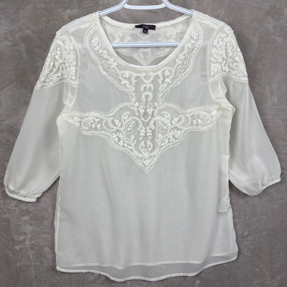 Code Embroidered Blouse Top Womens 16 M Cream Mesh Sheer 3/4 Sleeve Boho Y2K